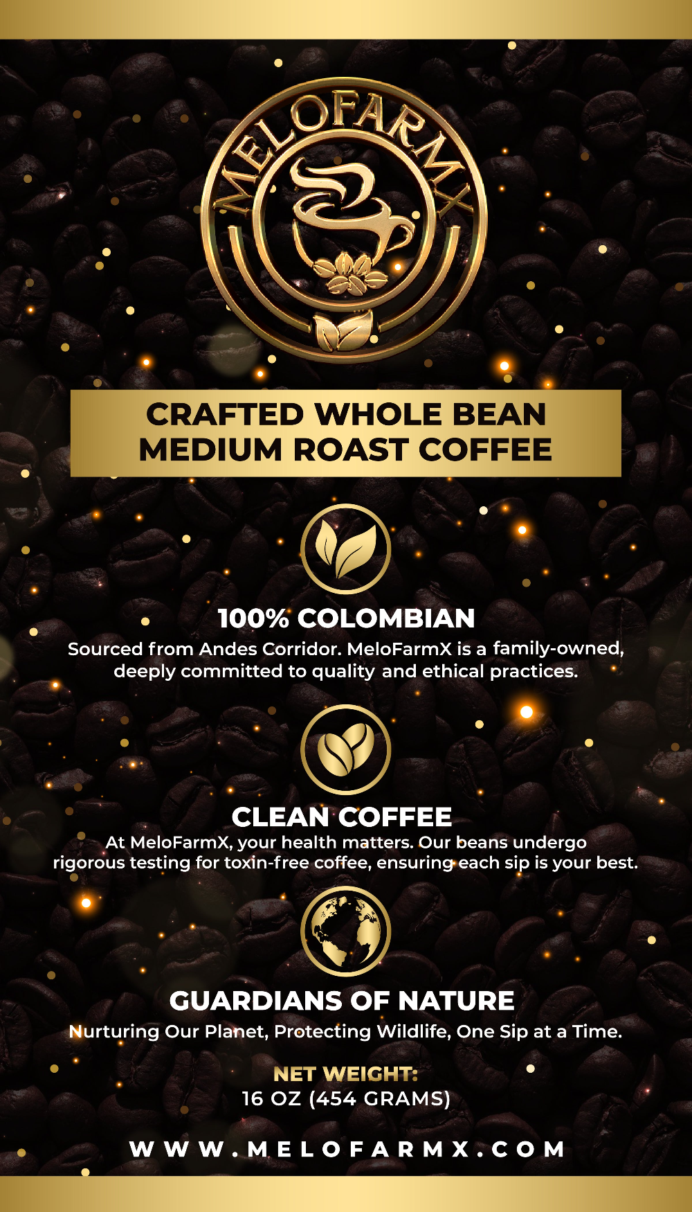 "MeloFarm - Premium whole bean Medium roast coffee" 16 Ounces - Colombian 100% Arabica