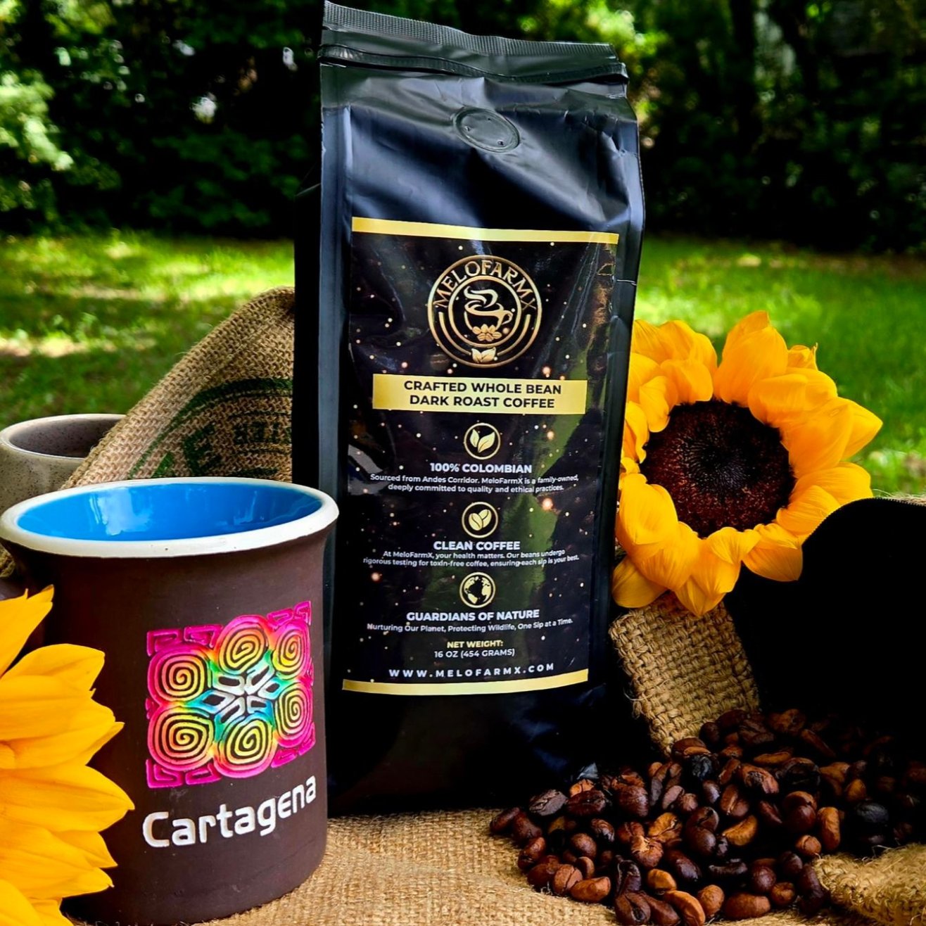 "MeloFarm - Premium whole Bean Dark roast coffee" 16 Ounces - Colombian 100% Arabica